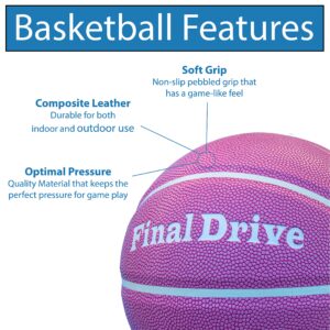 Final Drive Pink Leather Girls Basketball Size 5 (27.5") with Pump and 2 Needles – Kids Indoor Outdoor Basketball – Youth Size Composite Leather Ball for Girls, Boys, Beginners