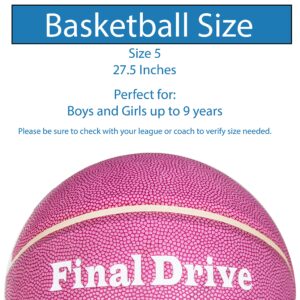 Final Drive Pink Leather Girls Basketball Size 5 (27.5") with Pump and 2 Needles – Kids Indoor Outdoor Basketball – Youth Size Composite Leather Ball for Girls, Boys, Beginners