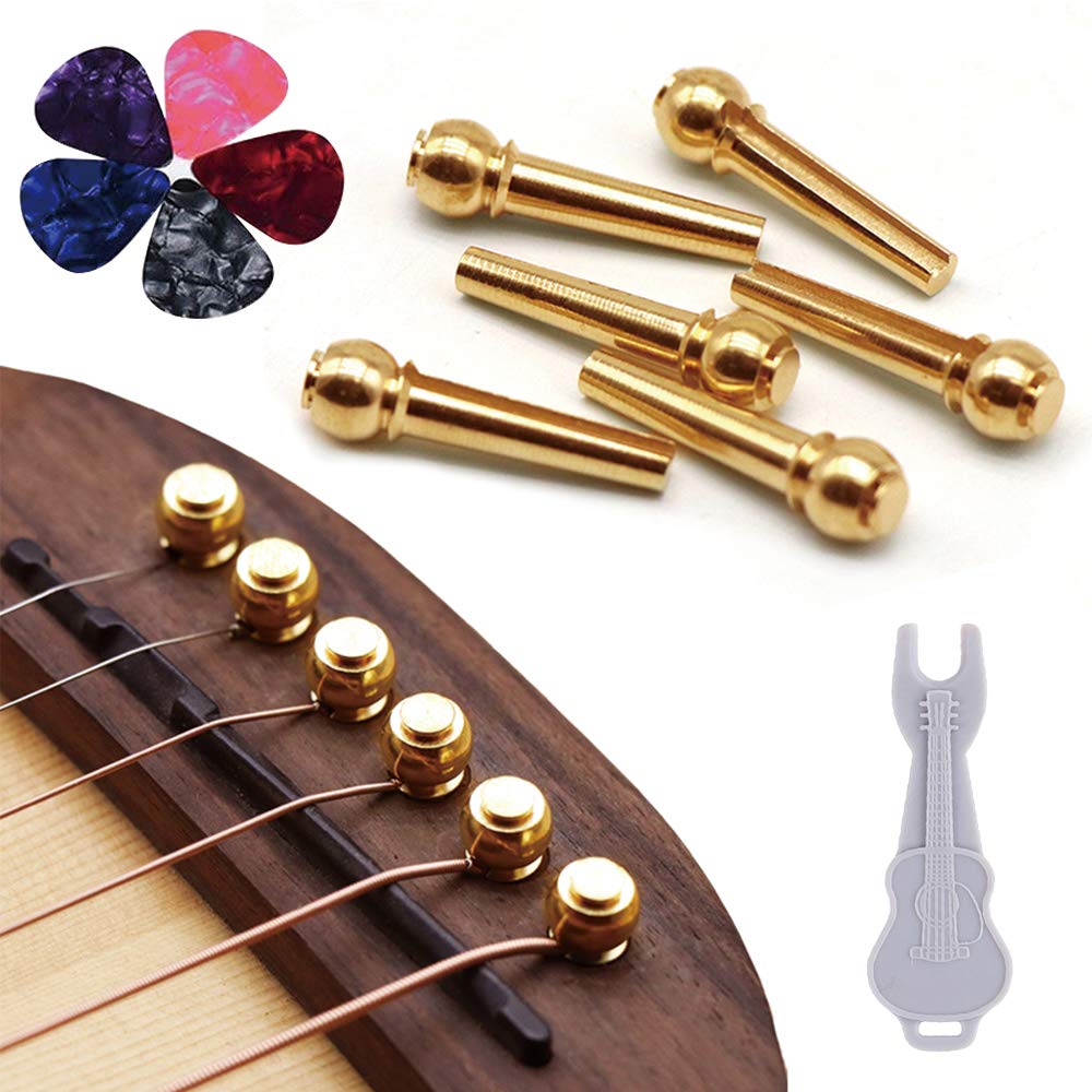 Guitar Bridge Pins 6pcs Pure Brass Endpin for Acoustic Guitar 6 Strings Nail Pegs Fixed Cone, Replacement Parts with Bridge Pin Puller Remover & 5 Guitar Picks - Kimlong