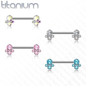 Dynamique Implant Grade Titanium Nipple Barbells With CZ Bezel Set Internally Threaded Pet Paw Ends (Sold Per Pair Or Per Piece)