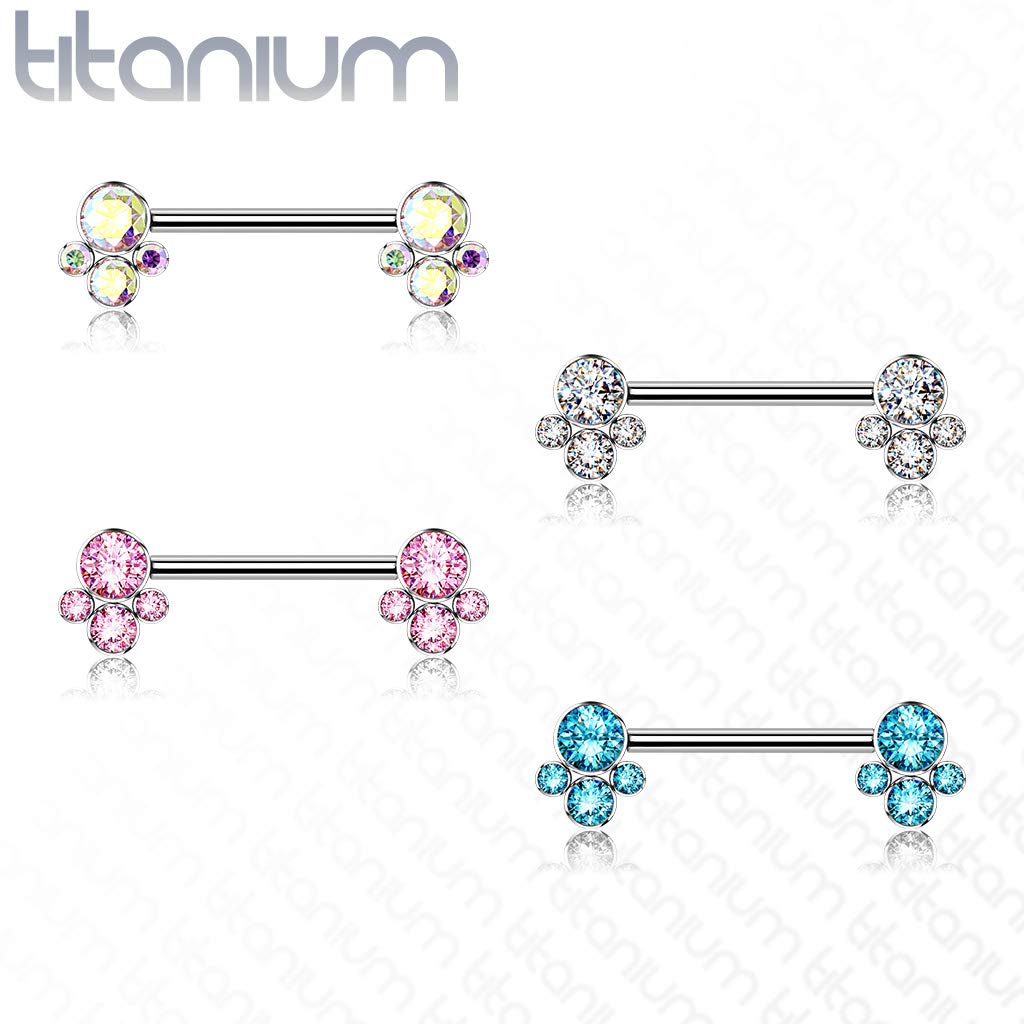 Dynamique Implant Grade Titanium Nipple Barbells With CZ Bezel Set Internally Threaded Pet Paw Ends (Sold Per Pair Or Per Piece)