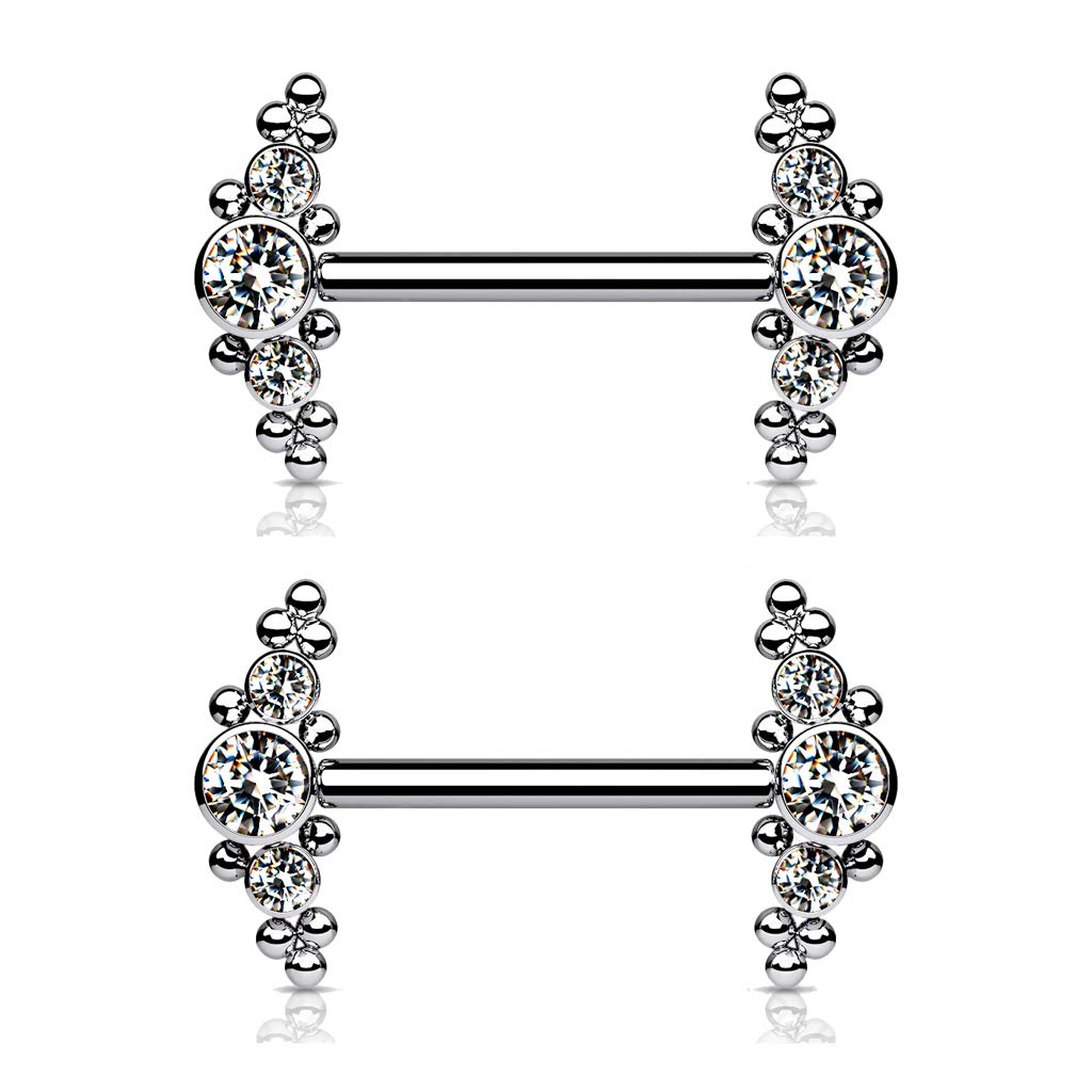 Dynamique Implant Grade Titanium Nipple Barbells With Bezel Set CZ and Micro Ball Cluster Internally Threaded Ends (Sold Per Pair Or Per Piece)