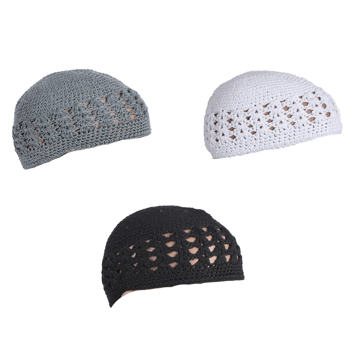 Qovelly 100% Cotton Lattice Crochet Knit Kufi Caps 3 Packed Skull Covers Hat(Set1)