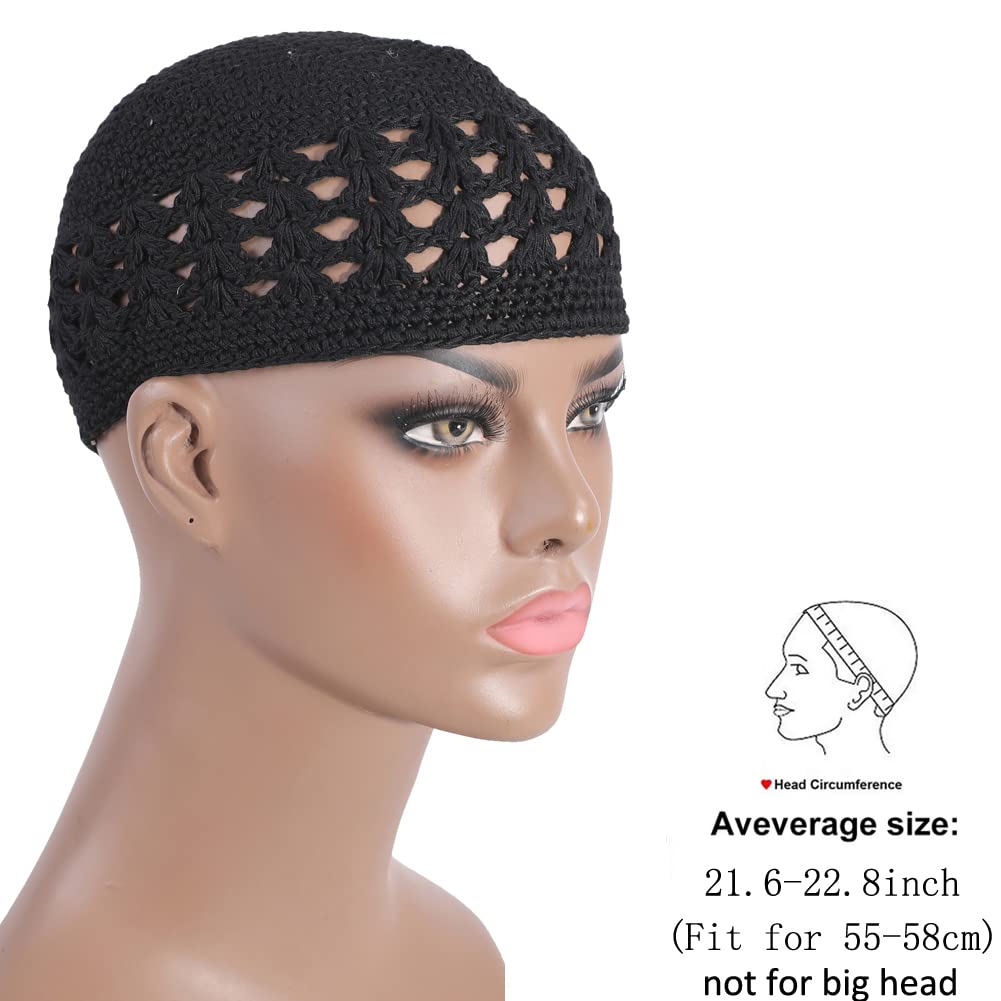 Qovelly 100% Cotton Lattice Crochet Knit Kufi Caps 3 Packed Skull Covers Hat(Set1)