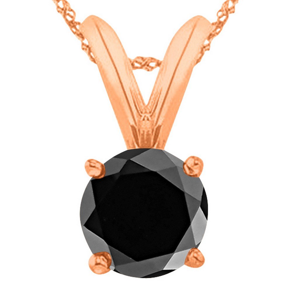 Near 1 Carat 14K Rose Gold Round Black Diamond 4 Prong Solitaire Pendant Necklace (AAA Quality) W/ 16" Gold Chain