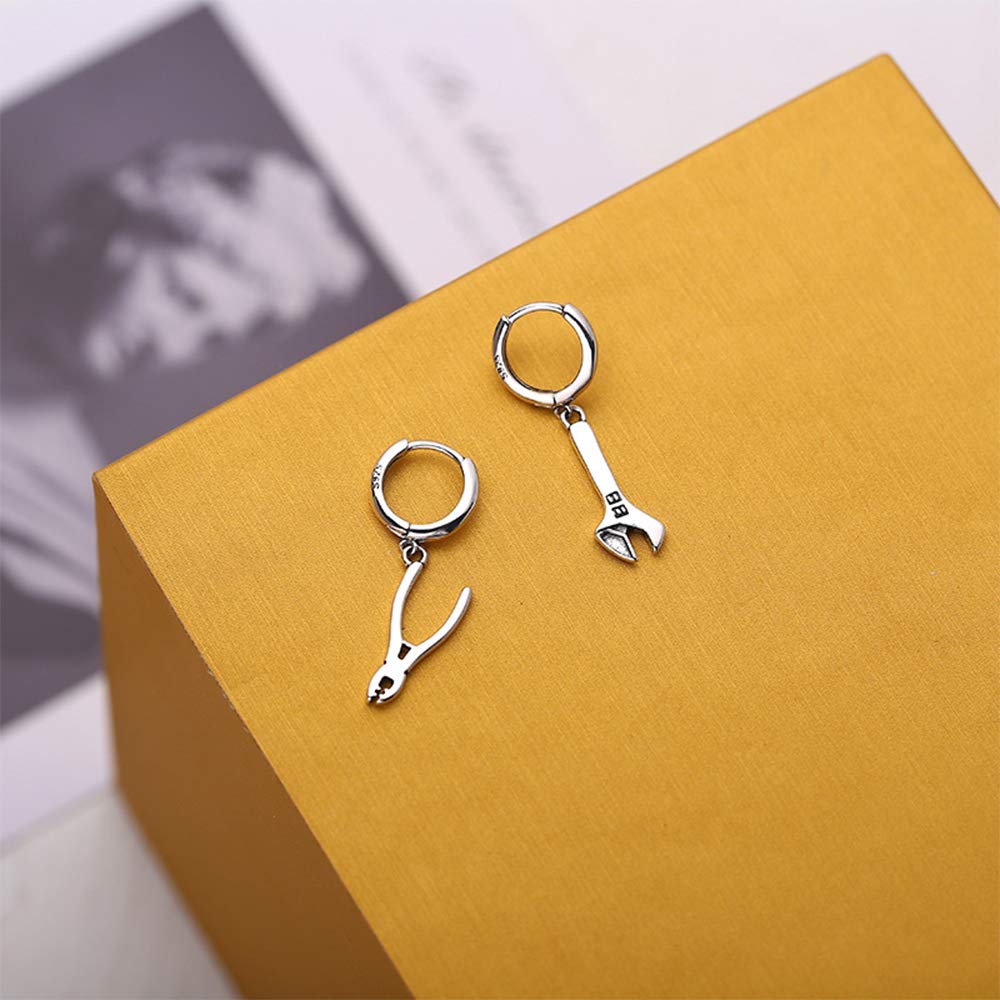 Asymmetric Pliers Wrench S925 Sterling Silver Dangle Drop Small Hoop Earrings for Women Men Teen Boys Couples Personalized Vintage Dangling Hypoallergenic Gifts for Best Friend Birthday