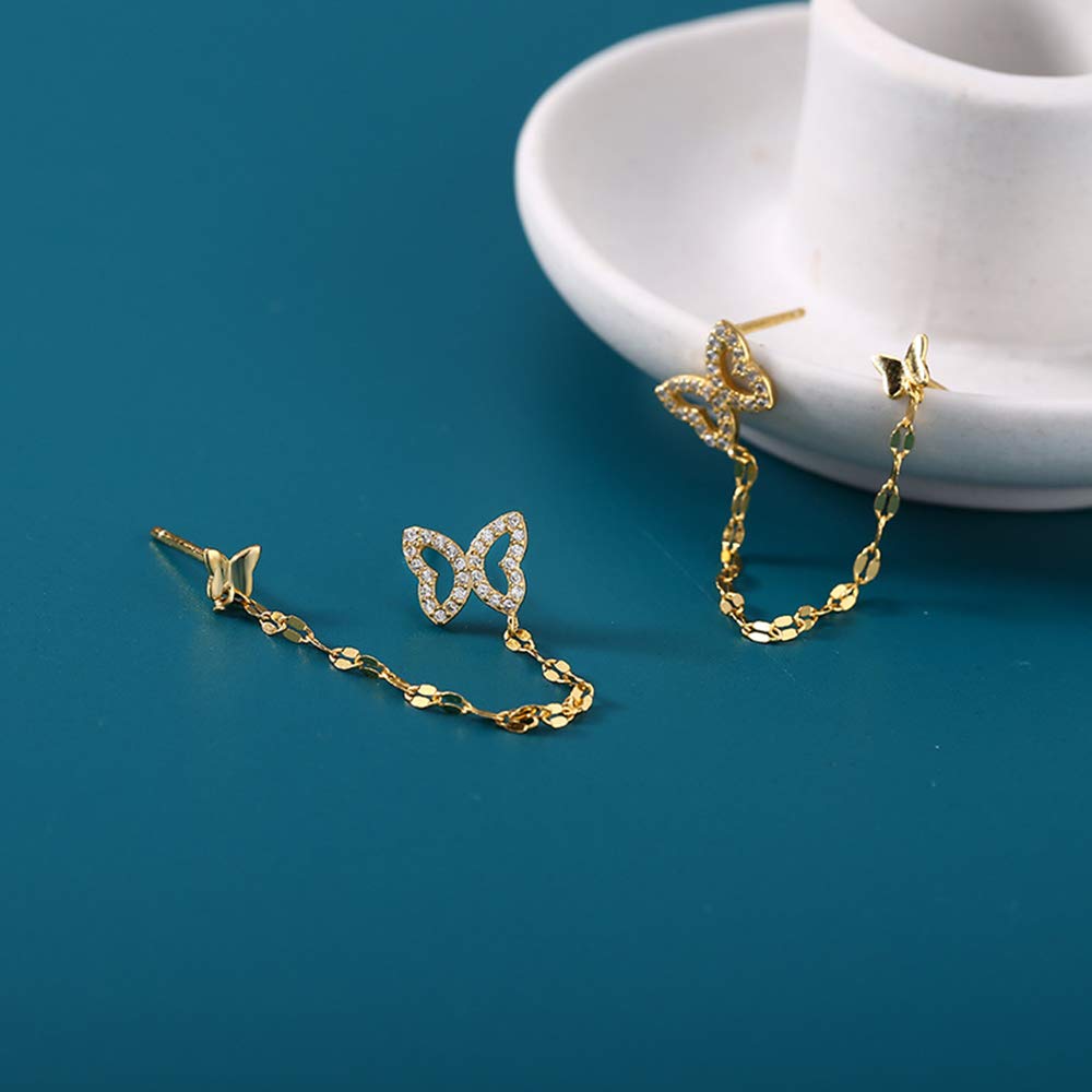 Double Butterfly Chain Cuff Wrap CZ 925 Sterling Silver Stud Crawler Climber Earrings for Women Cartilage Threader Tassel Dangle Hypoallergenic Cute Animal Gifts for Bff Birthday (Gold)