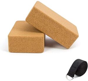 cork yoga blocks, 2 pack, with 1 black yoga strap, 9”x6”x3”, high density solid natural cork yoga brick with comfortable edge to improve balance, strength and flexibility