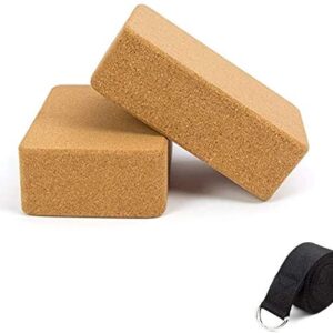 Cork Yoga Blocks, 2 Pack, with 1 Black Yoga Strap, 9”x6”x3”, High Density Solid Natural Cork Yoga Brick with Comfortable Edge to Improve Balance, Strength and Flexibility