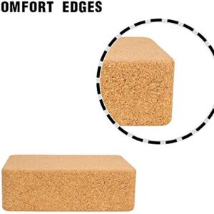 Cork Yoga Blocks, 2 Pack, with 1 Black Yoga Strap, 9”x6”x3”, High Density Solid Natural Cork Yoga Brick with Comfortable Edge to Improve Balance, Strength and Flexibility