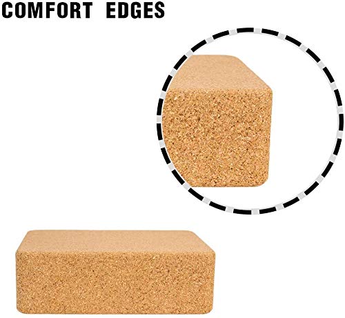 Cork Yoga Blocks, 2 Pack, with 1 Black Yoga Strap, 9”x6”x3”, High Density Solid Natural Cork Yoga Brick with Comfortable Edge to Improve Balance, Strength and Flexibility