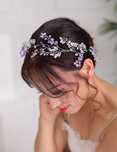 Denifery Purple Bridal Wedding Hair Vine Purple Natural Stone Hair Vine Crystal Headpieces Bride Hair Accessories for Women and Girls