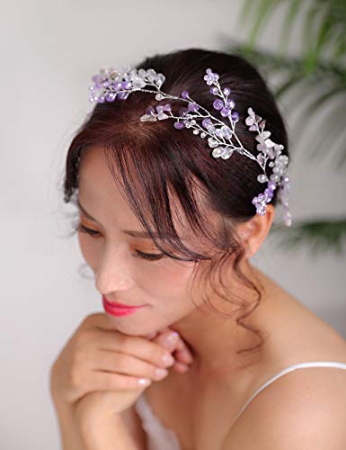 Denifery Purple Bridal Wedding Hair Vine Purple Natural Stone Hair Vine Crystal Headpieces Bride Hair Accessories for Women and Girls