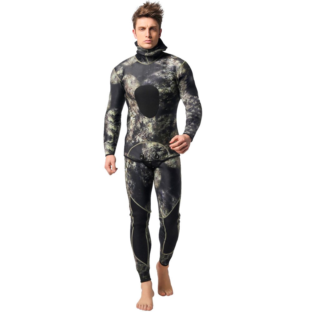 Nataly Osmann Camo Spearfishing Wetsuits Men 3mm /1.5mm Neoprene 2-Pieces Hooded Super Stretch Diving Suit