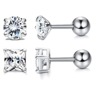 milacolato unisex cubic zirconia stud earrings 925 sterling silver round/square princess cut cubic zirconia screw back stud earrings for women men cartilage tragus helix cz studs 5mm