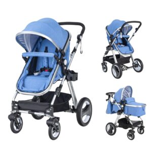 honey joy baby stroller for newborn, 2 in 1 high landscape infant stroller & convertible bassinet pram, adjustable backrest & canopy, cup holder, storage basket, foldable pushchair w/foot cover (blue)