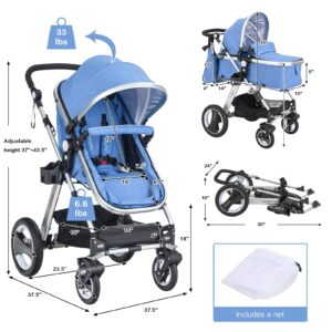 HONEY JOY Baby Stroller for Newborn, 2 in 1 High Landscape Infant Stroller & Convertible Bassinet Pram, Adjustable Backrest & Canopy, Cup Holder, Storage Basket, Foldable Pushchair w/Foot Cover (Blue)