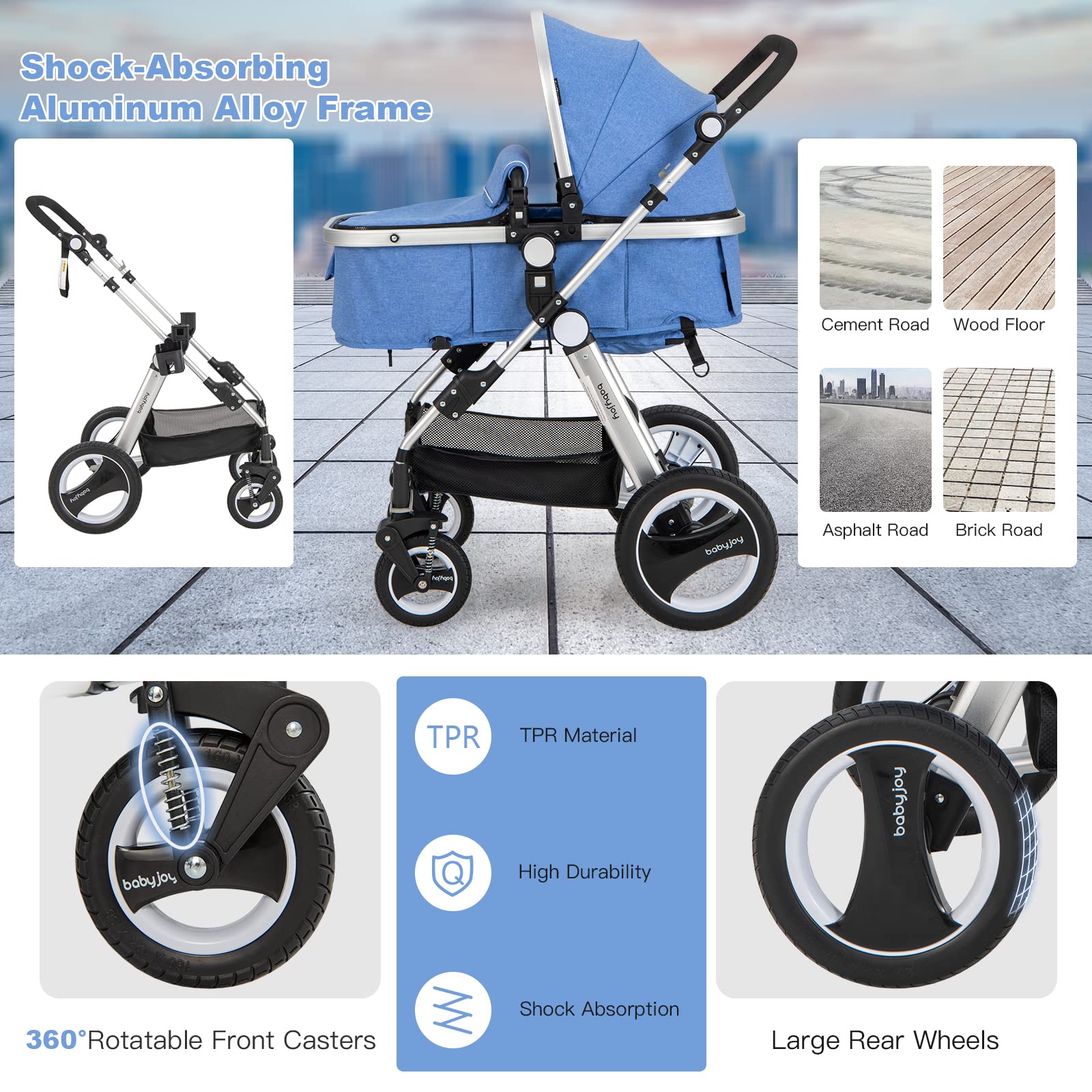 HONEY JOY Baby Stroller for Newborn, 2 in 1 High Landscape Infant Stroller & Convertible Bassinet Pram, Adjustable Backrest & Canopy, Cup Holder, Storage Basket, Foldable Pushchair w/Foot Cover (Blue)