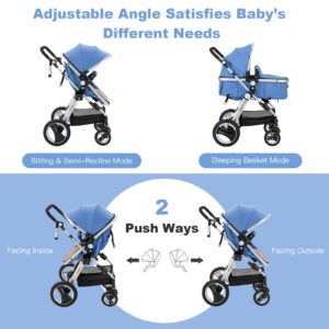 HONEY JOY Baby Stroller for Newborn, 2 in 1 High Landscape Infant Stroller & Convertible Bassinet Pram, Adjustable Backrest & Canopy, Cup Holder, Storage Basket, Foldable Pushchair w/Foot Cover (Blue)