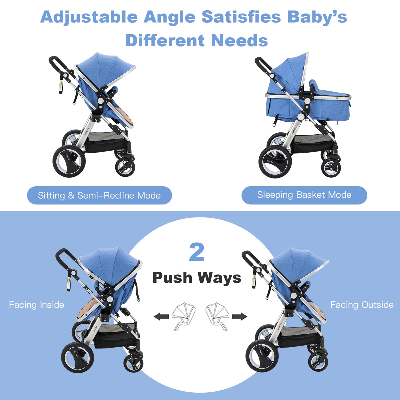 HONEY JOY Baby Stroller for Newborn, 2 in 1 High Landscape Infant Stroller & Convertible Bassinet Pram, Adjustable Backrest & Canopy, Cup Holder, Storage Basket, Foldable Pushchair w/Foot Cover (Blue)