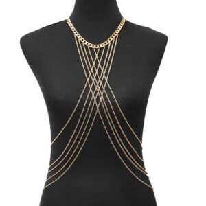 bomine harness body chain bra crossover sexy body jewelry bikini chains necklace for women and girls (gold)