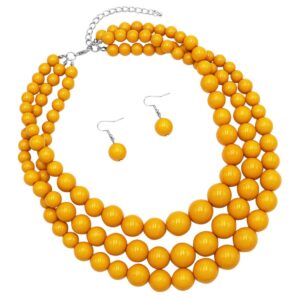 rosemarie & jubalee women's 3 colorful multi strands simulated pearl necklace and earrings jewelry gift set, 18"+3" extender (mustard yellow silver tone)