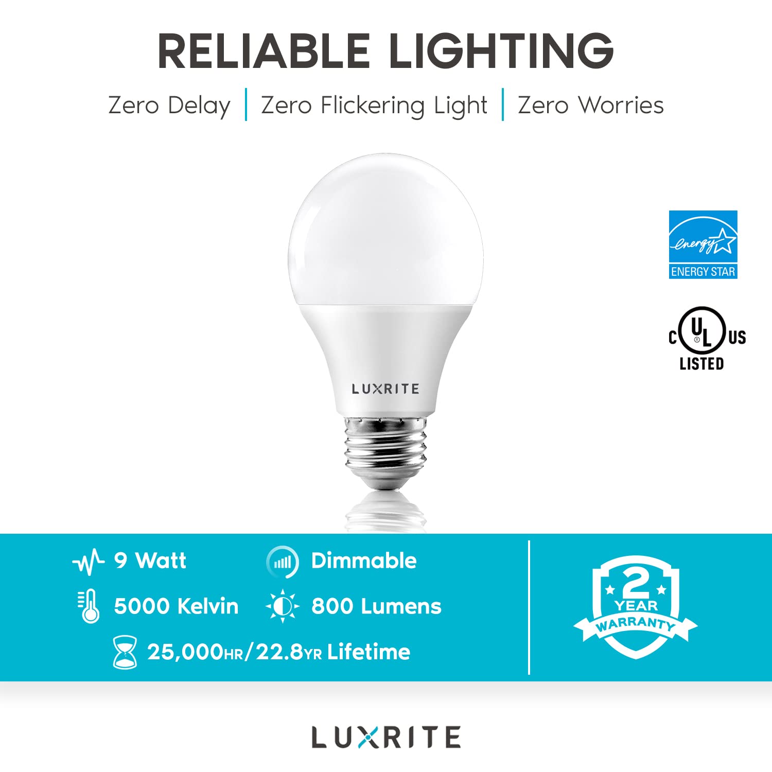 LUXRITE A19 LED Bulb 60W Equivalent, 5000K Bright White, 800 Lumens, Dimmable Standard LED Light Bulbs 9W, Enclosed Fixture Rated, Energy Star, E26 Medium Base - Indoor and Outdoor (24 Pack)