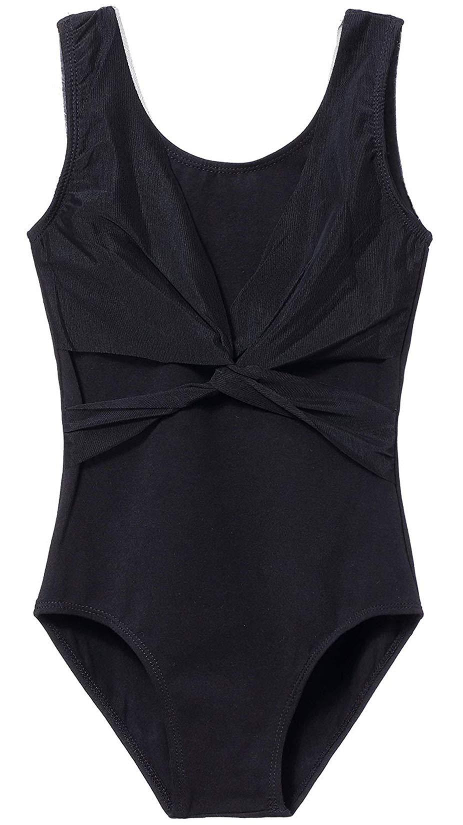 MdnMd Sleeveless Tank Leotard for Girls with Mesh Cross Front (Black, 12-14 Years)