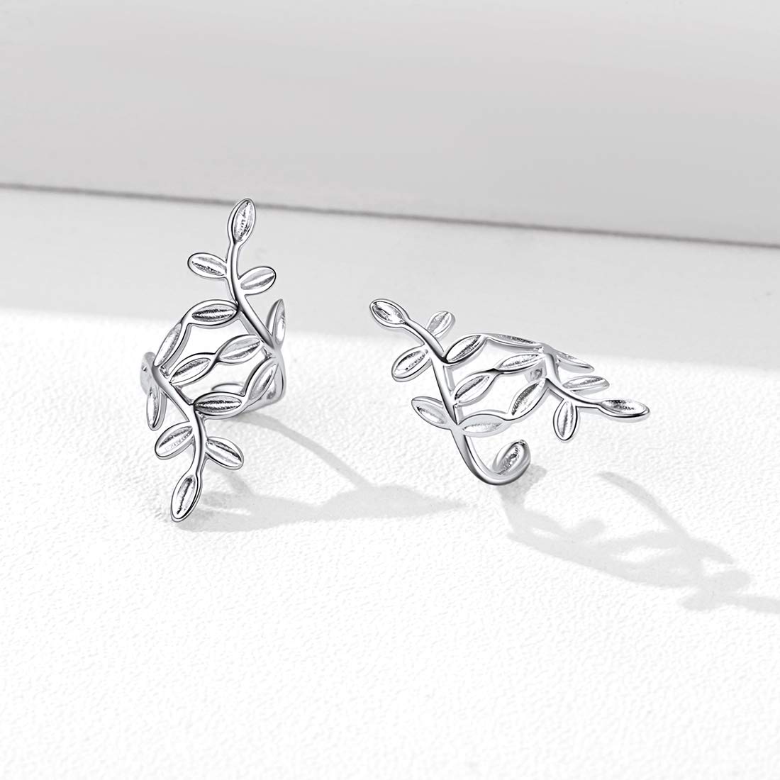 ChicSilver 925 Sterling Silver Minimalist Small Hoop Huggie Earrings Classic Leaf Ear Cuffs for Non Pierced Ears Cartilage Clip On Wrap Earrings Hypoallergenic