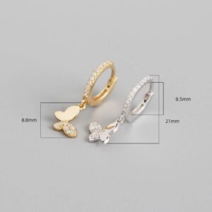 Cute Butterfly Small CZ Cartilage Hoop Earrings With Tiny Charm Dangle Drop for Women Girls S925 Sterling Silver Dainty Fashion Huggie Hoops Hypoallergenic Jewelry Gifts for Daughter Sister Bff (Gold)