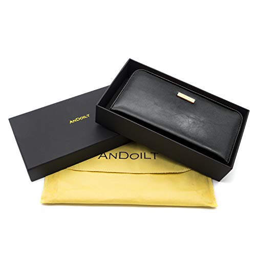 ANDOILT Genuine Leather Wallet for Women Men RFID Blocking Credit Card Holder Zipper Purse Cell Phone Handbag Huge Storage Capacity Black&Gold Chain