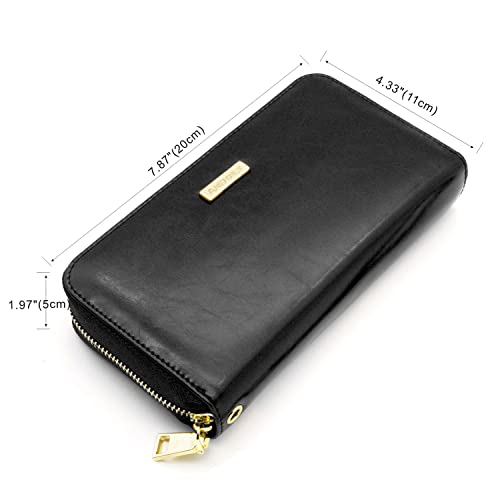 ANDOILT Genuine Leather Wallet for Women Men RFID Blocking Credit Card Holder Zipper Purse Cell Phone Handbag Huge Storage Capacity Black&Gold Chain