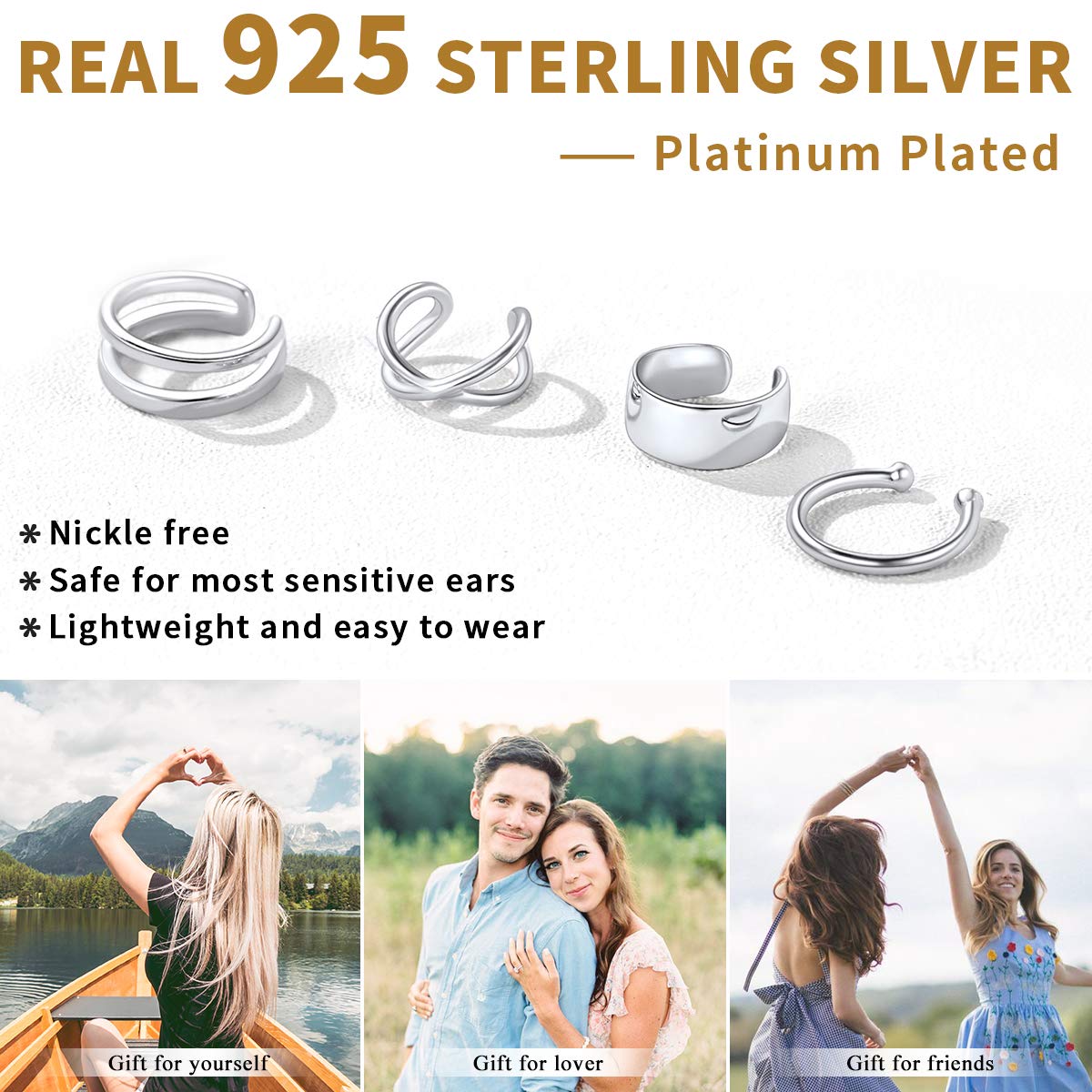 ChicSilver 4 PCS S925 Sterling Silver Criss Cross Ear Cuff No Pierce Ear Cuff Sets Double Simple Lines Ear Cuff Fake Cartilage Earring Helix Piercing