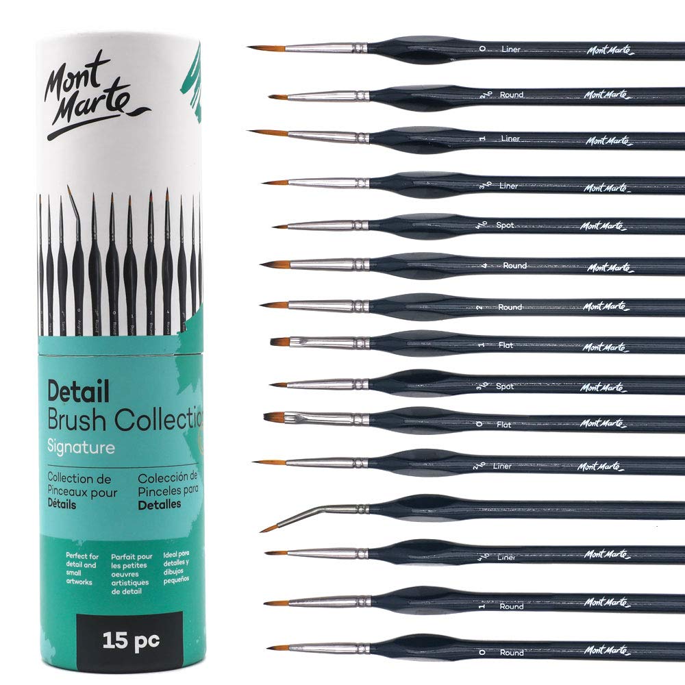 Mont Marte Signature Detail Brush Collection, 15 Piece, Taklon Bristles, Suitable for Acrylic, Oil, Watercolor and Gouache Paints, Includes Storage Bag