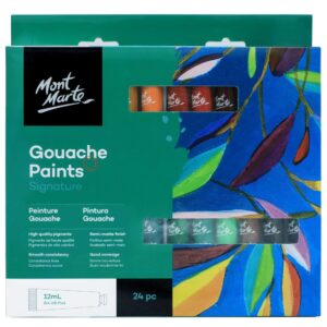 Mont Marte Signature Gouache Paint, 24 x 0.4oz (12ml), Semi-Matte Finish, 24 Colors, Suitable for use with Canvas, Watercolor Paper, Watercolor Paints and Mixed Media