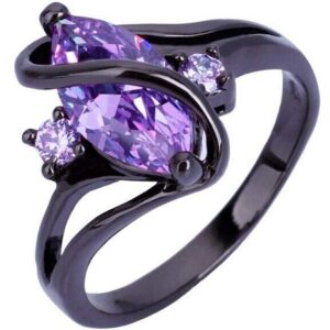 Black Gold Plated Oval Shape Austrian Crystal Stone Promise Statement Ring (Purple, 7)