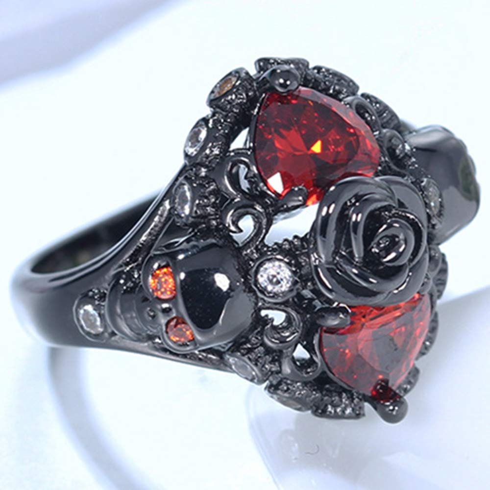 Black Gold Plated Skull Gothic Death Rose Wedding Statement Cocktail Party Biker Ring (Black Red, 7)