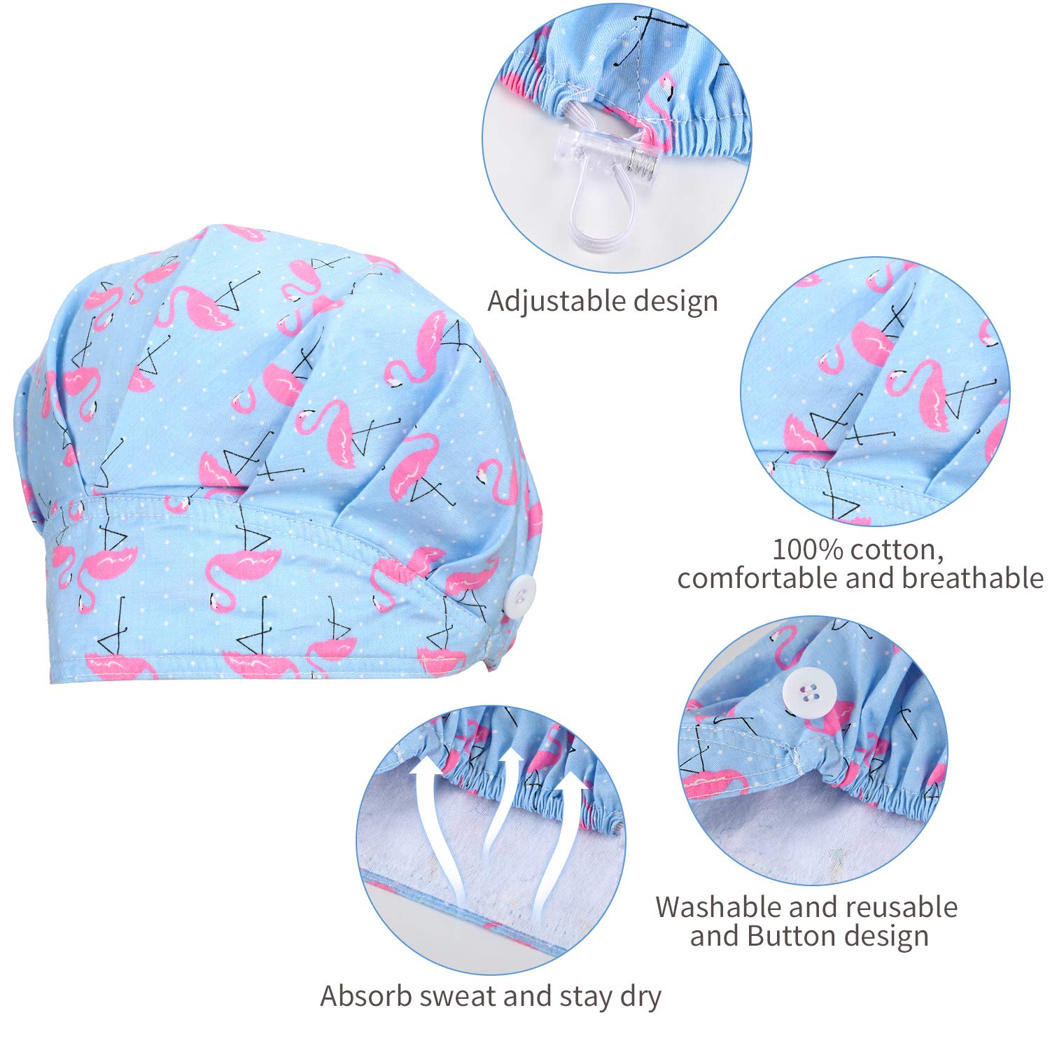 SATINIOR 6 Pieces Caps with Buttons Elastic Bouffant Turban, Nursing Surgical Cap Printed Scrub Working Hats with Sweatband Unisex Tie Back Hats Hair Covers