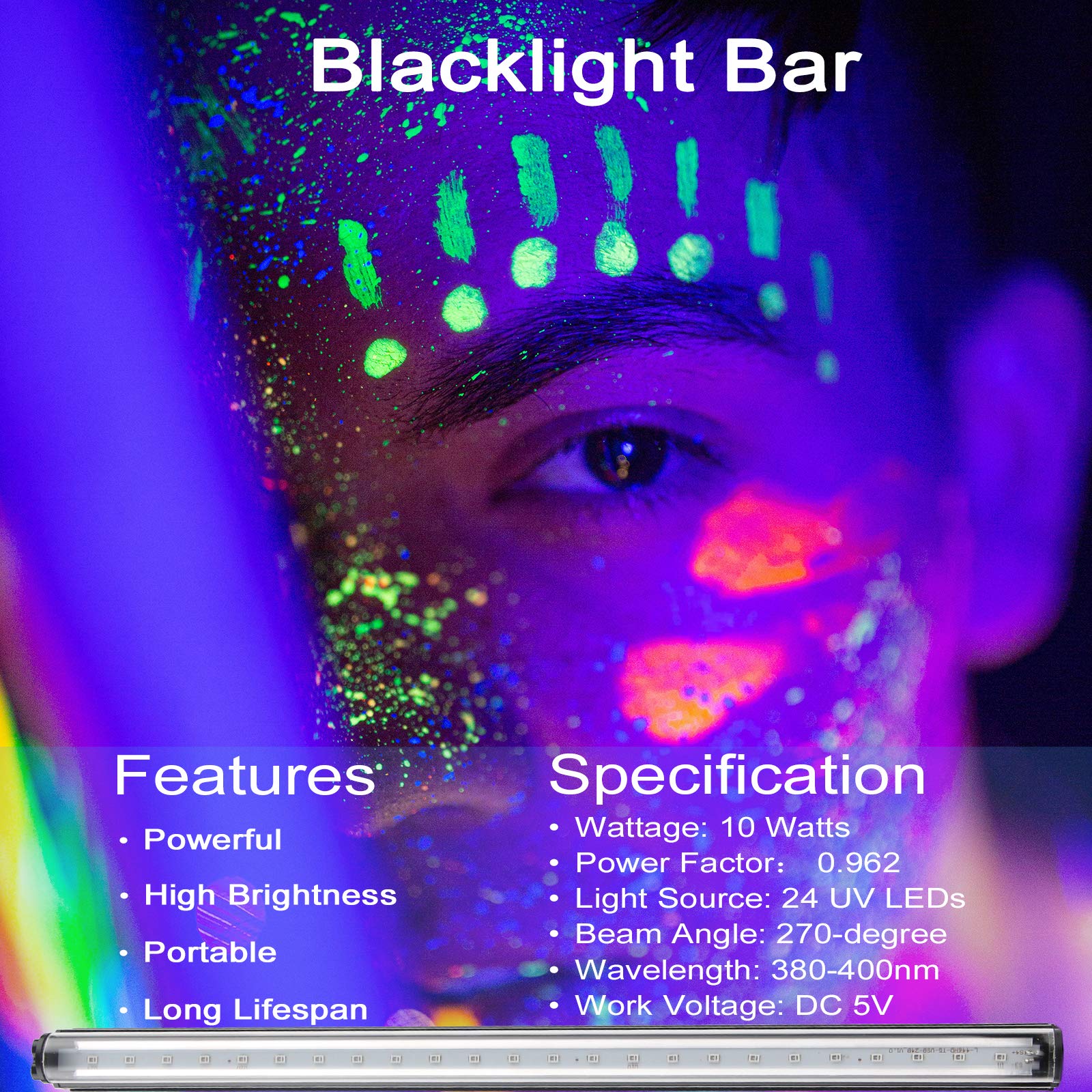 Led Black Light Bar, 10W 1ft USB Portable T5 UV Blacklight Tube Glow in The Dark for Body Paint Room Bedroom Décor Party Supplies Stage Lighting Fluorescent Poster Halloween Club