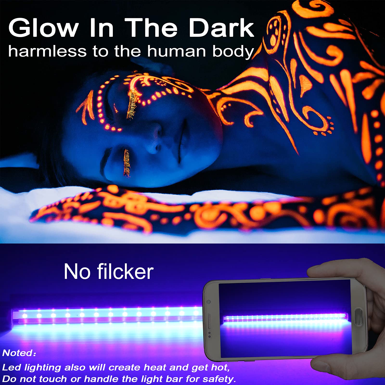 Led Black Light Bar, 10W 1ft USB Portable T5 UV Blacklight Tube Glow in The Dark for Body Paint Room Bedroom Décor Party Supplies Stage Lighting Fluorescent Poster Halloween Club