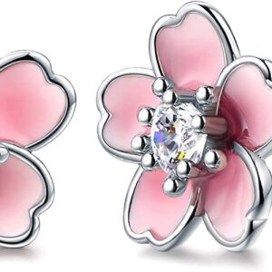 Pink Flower Earrings for Women, 925 Sterling Silver Stud Earrings, Cute Plumeria Earrings For Girl, Cherry Blossom Hypoallergenic Stud