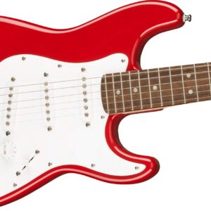 Fender Squier 3/4 Size Kids Mini Stratocaster Electric Guitar Learn-to-Play Bundle with Amp, Cable, Tuner, Strap, Picks, Fender Play Online Lessons, and Austin Bazaar Instructional DVD - Dakota Red