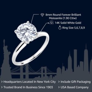 14K White Gold Forever Brilliant Moissanite from Charles & Colvard Solitaire Engagement Ring For Women (1.90 Cttw, Round 8MM, Available in size 5, 6, 7, 8, 9)