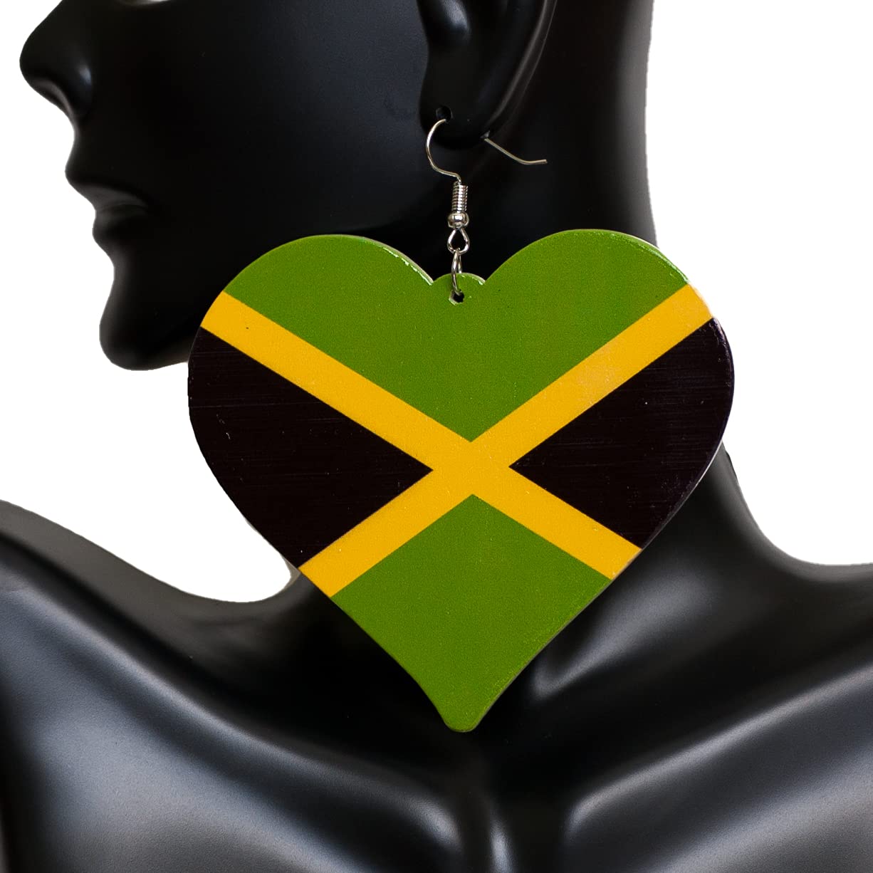 Large Wooden Jamaica Heart-Shaped Flag Dangle Earrings for Women