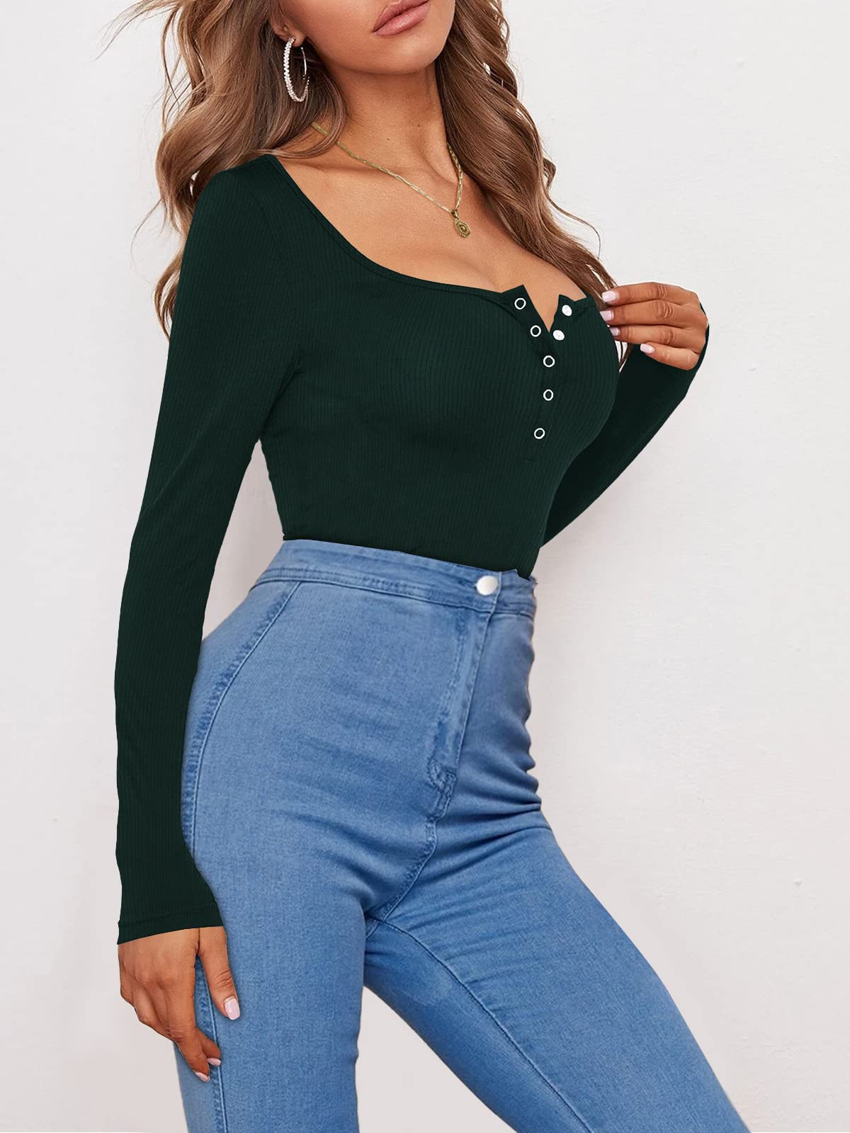 Women Long Sleeve Tops Scoop Neck Low Cut Slim Fitted Henley Shirt Sexy Basic Tee Shirts Tops Blackish Green