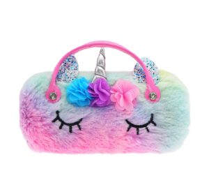 kids girls boys fluffy faux fur unicorn eyeglass case plush eyewear glasses case hard shell with handle