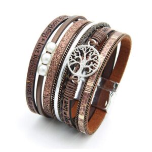 TGLS Tree of Life Leather Bracelet Multi-Layer Wraps Boho Wristband Bangle Cuff Bracelets for Women (Brown)