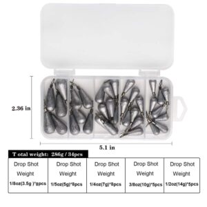 Fishing Weights Drop Shot Sinker Rig Kit 34pcs Trokar with Lead for Bass Fishing with Tackle Box