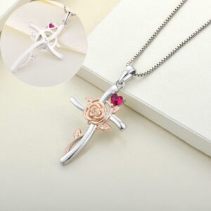 YL Cross Necklace 925 Sterling Silver Flower Rose Crucifix Pendant Created Ruby Criss Jewelry for Women