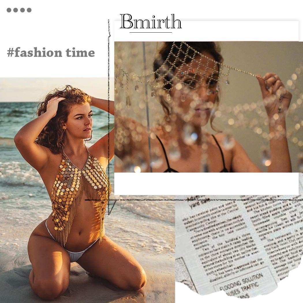 Bmirth Sexy Body Chain Silver Bikini Bra Chain Beach Waist Belly Chain Body Jewelry for Women and Girls (F)